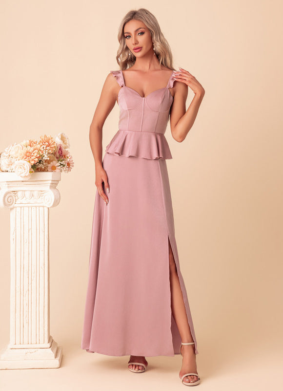 Robe Pastel Rose Satin Col Cœur Maxi - gallery 3