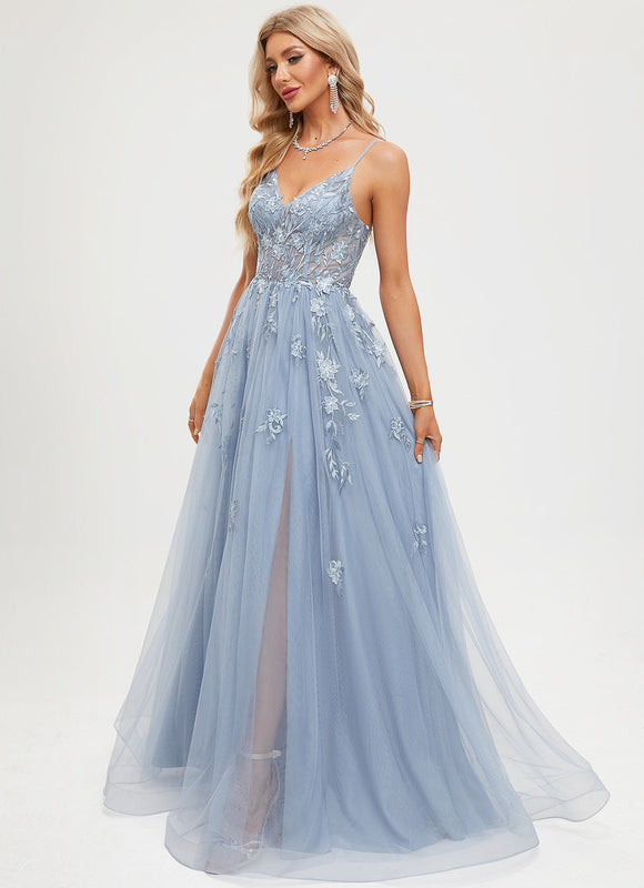 Robe Pastel Bleu Col V Tulle Longue - gallery 1