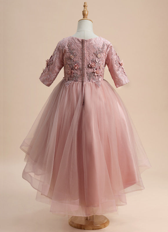 Robe Pastel Rose Asymétrique Col Rond Fleurs - gallery 1