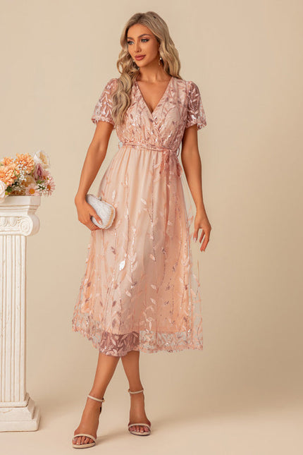 Robe Pastel Rose Pailletée Longueur Mollet