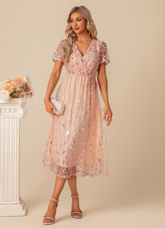 Robe Pastel Rose Pailletée Longueur Mollet