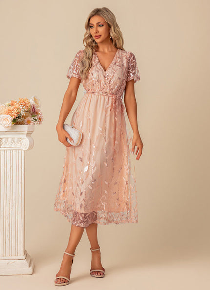 Robe Pastel Rose Pailletée Longueur Mollet
