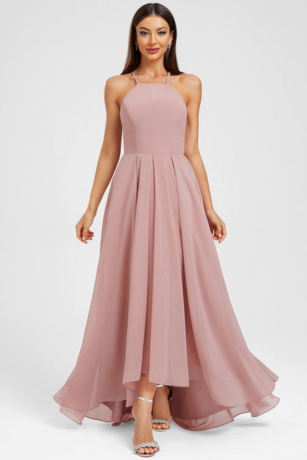 Robe Pastel Rose Mousseline Asymétrique Trapèze