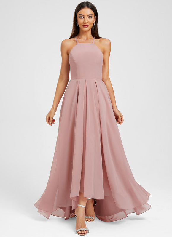 Robe Pastel Rose Mousseline Asymétrique Trapèze