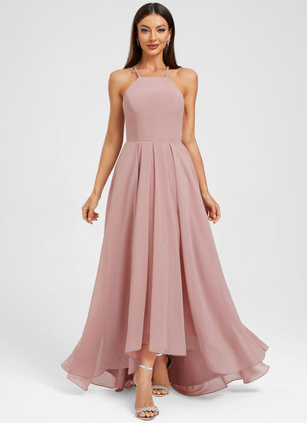Robe Pastel Rose Mousseline Asymétrique Trapèze