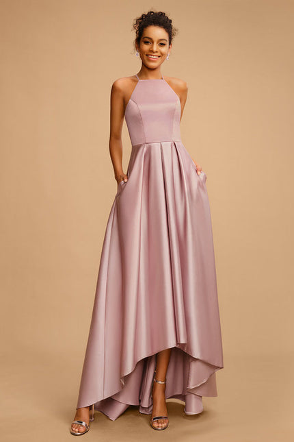 Robe Pastel Rose Satin Trapèze Élégante