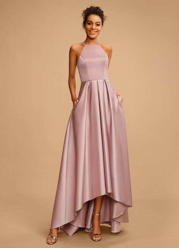 Robe Pastel Rose Satin Trapèze Élégante