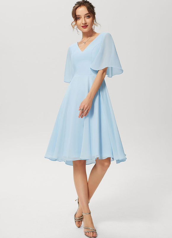 Robe Pastel Bleu Col V Mousseline Genou - gallery 3