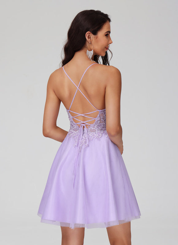 Robe Pastel Lavande Col V Dentelle Tulle - gallery 1