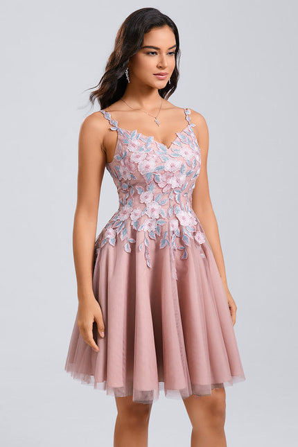 Robe Pastel Rose Col V Tulle Dentelle - gallery 4