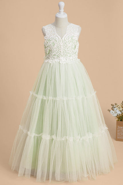 Robe Pastel Verte Col V Dentelle Enfant