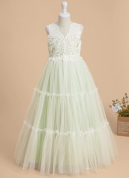 Robe Pastel Verte Col V Dentelle Enfant