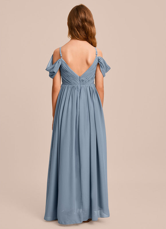 Robe Pastel Bleu Décolleté Épaules Ras Du Sol - gallery 5
