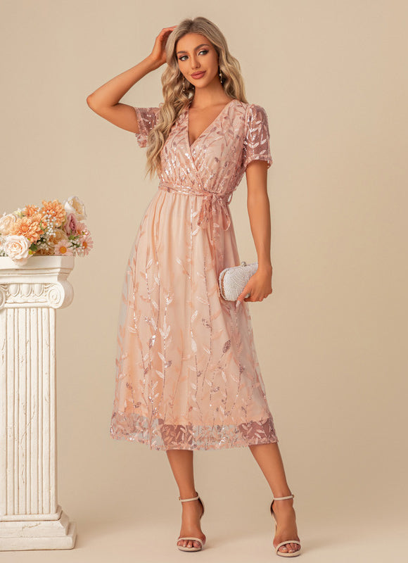 Robe Pastel Rose Pailletée Longueur Mollet - gallery 4