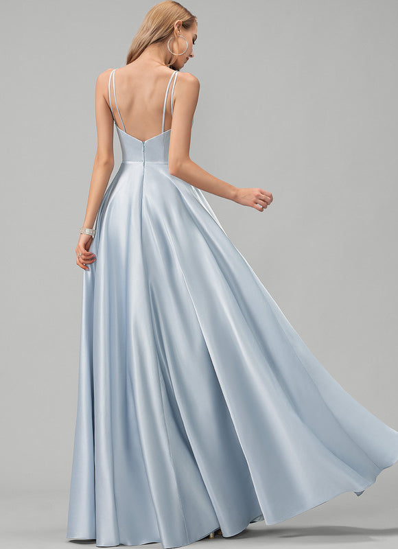 Robe Pastel Bleue Satin Trapèze Col V - gallery 1
