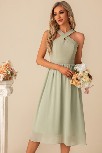 Robe Pastel Verte Mousseline Midi Élégante