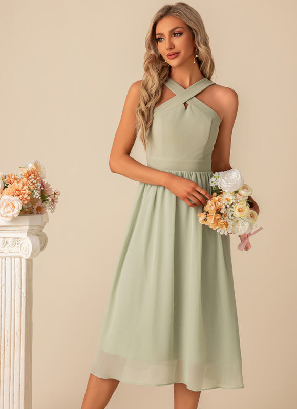 Robe Pastel Verte Mousseline Midi Élégante