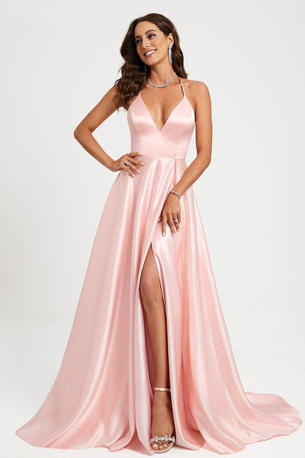 Robe Pastel Rose Col V Traîne Satin