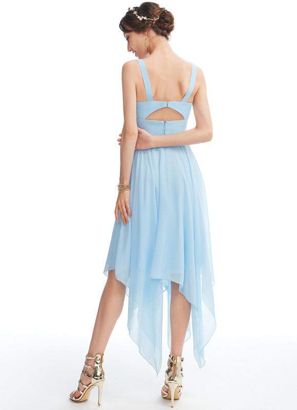 Robe Pastel Bleu Asymétrique Col V Volants - gallery 2