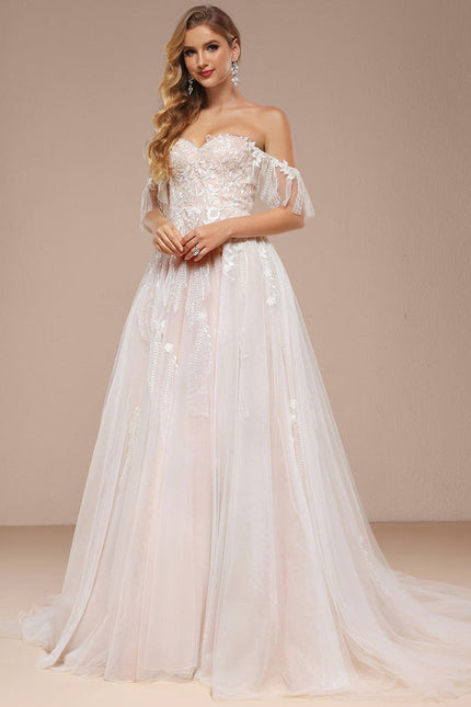 Robe Pastel Rose Épaules Dénudées Traîne Longue