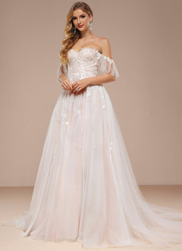 Robe Pastel Rose Épaules Dénudées Traîne Longue