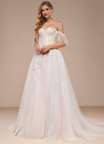 Robe Pastel Rose Épaules Dénudées Traîne Longue