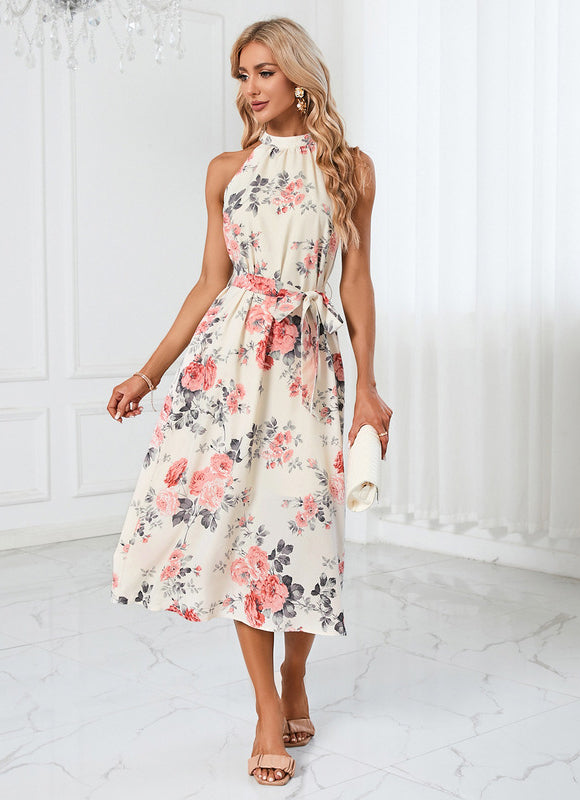 Robe Pastel Verte Imprimée Fleuri Midi