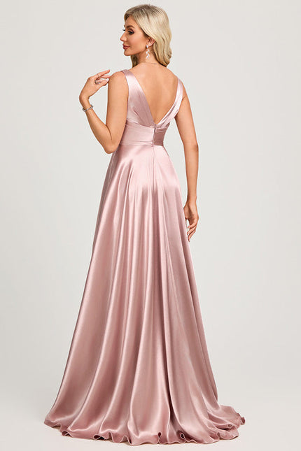 Robe Pastel Rose Satin Col V Traîne - gallery 3