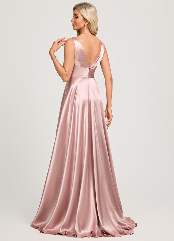 Robe Pastel Rose Satin Col V Traîne - gallery 3