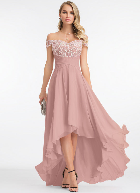 Robe Pastel Rose Asymétrique Dentelle Élégante - gallery 1