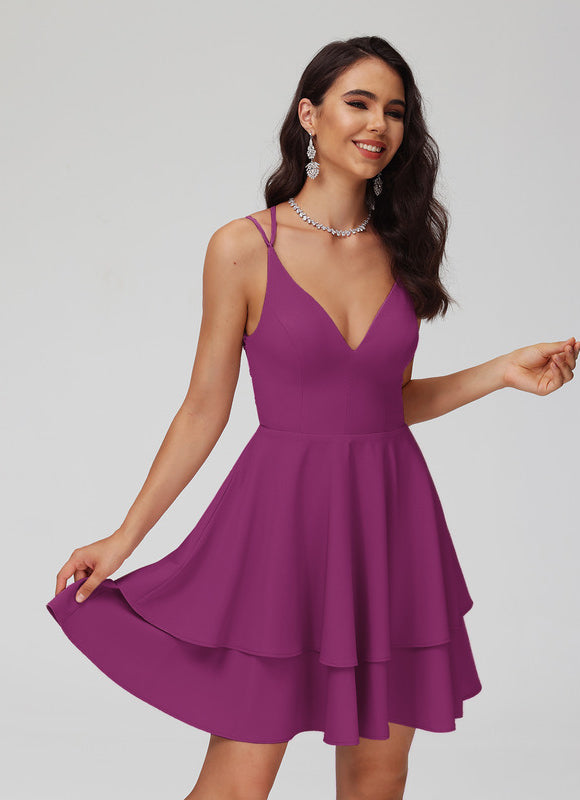 Robe Pastel Rose Trapèze Col V Court - gallery 3