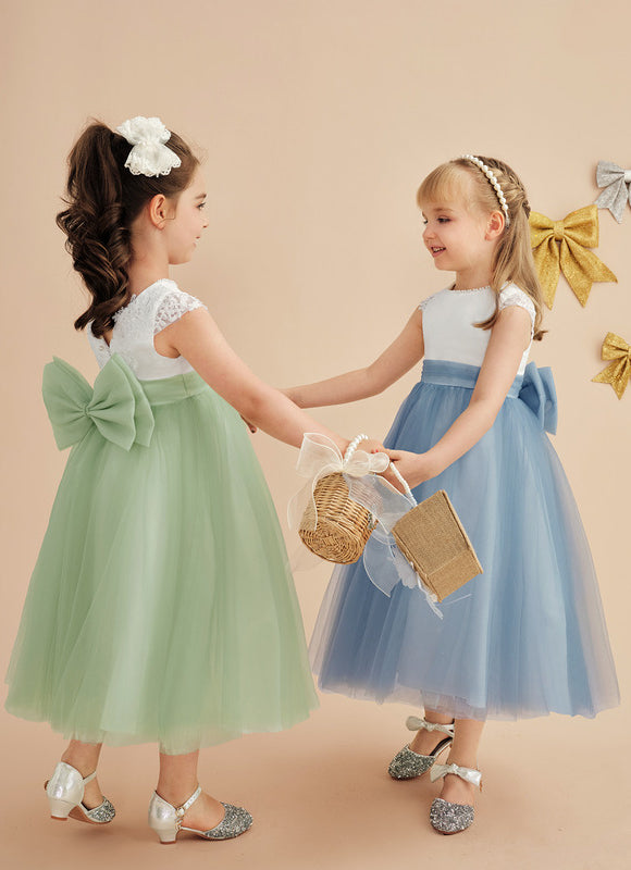Robe Pastel Bleu Col Rond Satin Tulle - gallery 8
