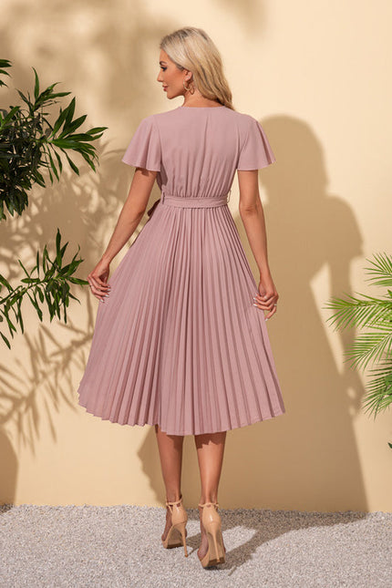 Robe Pastel Rose Col V Midi Trapèze - gallery 5