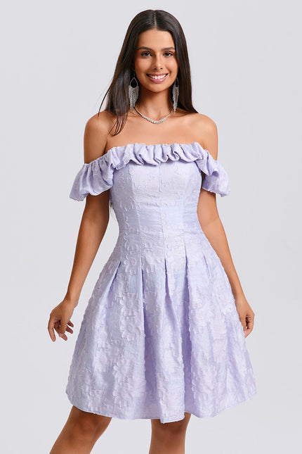 Robe Pastel Lavande Épaule Dénudée Courte