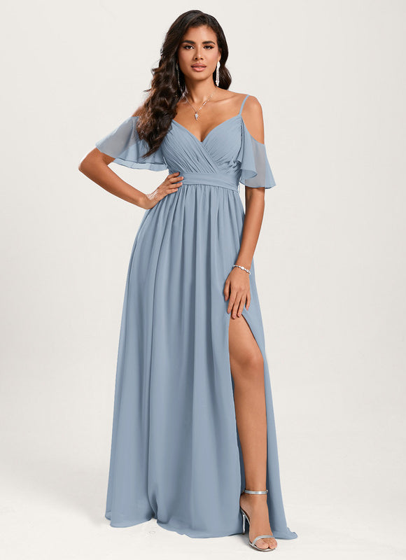 Robe Pastel Bleu Décolleté Épaules Volants - gallery 1