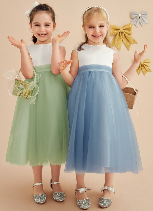 Robe Pastel Bleu Col Rond Satin Tulle - gallery 5
