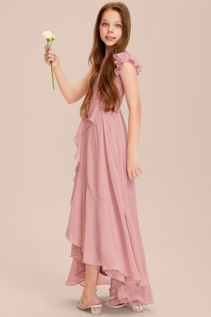 Robe Pastel Rose Décolleté Asymétrique Volants - gallery 2
