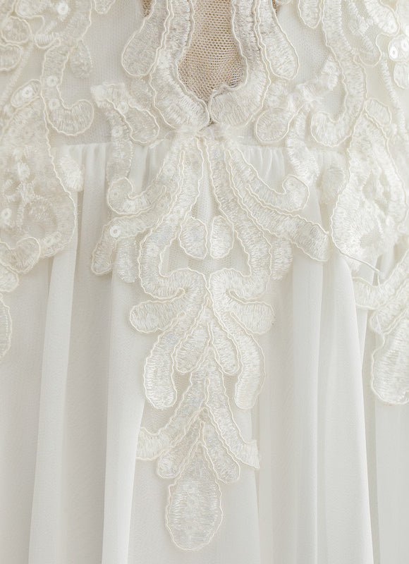 Robe Pastel Blanche Col V Longueur Ras Du Sol - gallery 4