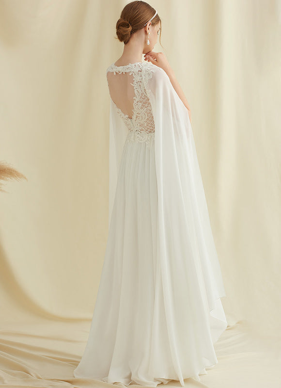 Robe Pastel Blanche Col V Longueur Ras Du Sol - gallery 2