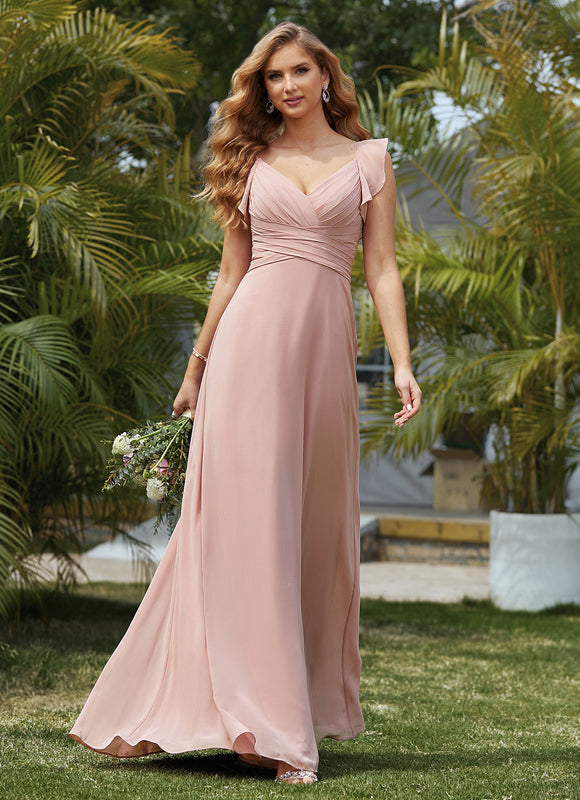Robe Pastel Rose Demoiselle D'Honneur À Volants - gallery 2