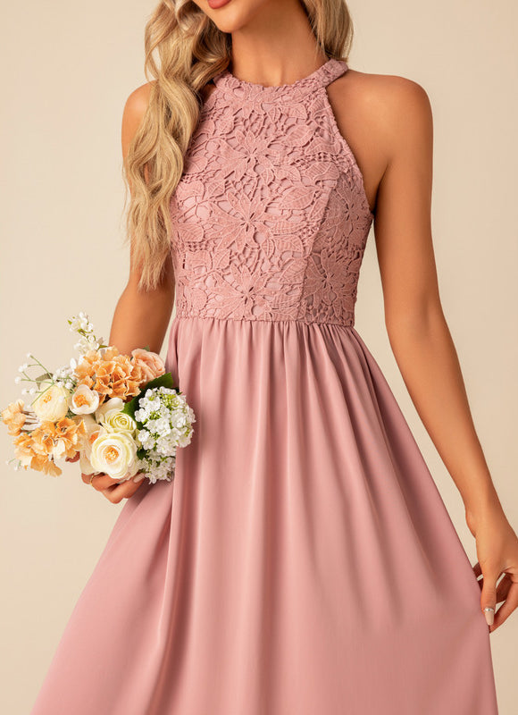 Robe Pastel Rose Dentelle Trapèze Midi - gallery 4