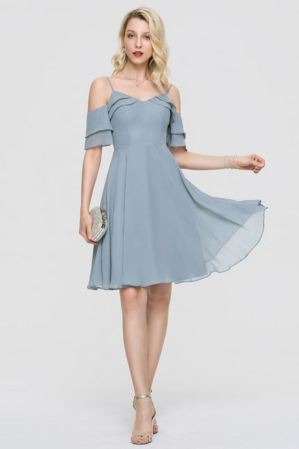 Robe Pastel Bleu Décolleté Épaules Volants - gallery 2