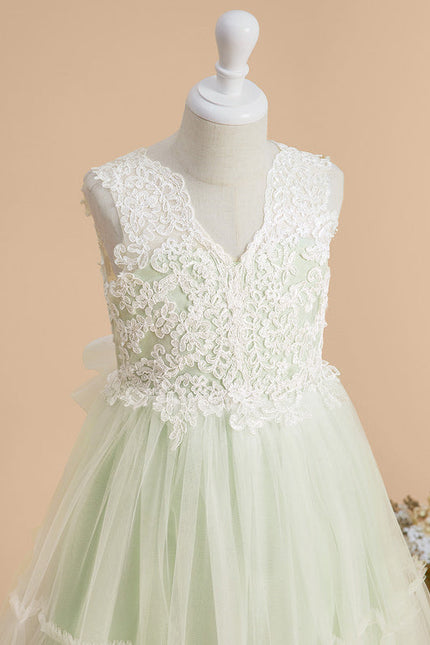 Robe Pastel Verte Col V Dentelle Enfant - gallery 5