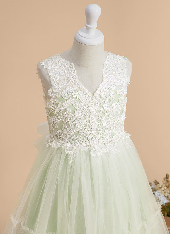 Robe Pastel Verte Col V Dentelle Enfant - gallery 5