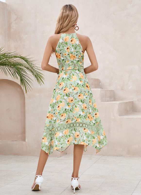 Robe Pastel Verte Imprimée Fleuri Midi - gallery 2