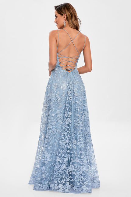Robe Pastel Bleu Col Rond Dentelle - gallery 5