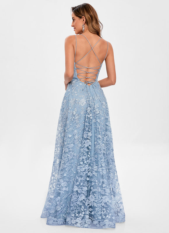 Robe Pastel Bleu Col Rond Dentelle - gallery 5
