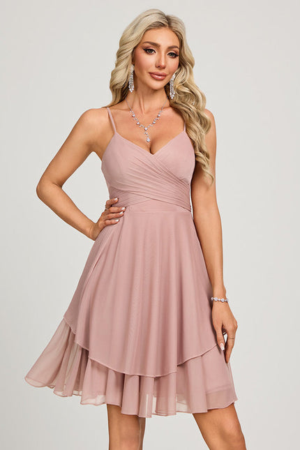 Robe Pastel Rose Trapèze Col V Court - gallery 4