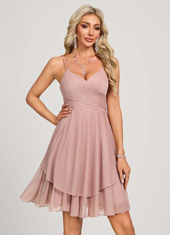 Robe Pastel Rose Trapèze Col V Court - gallery 4
