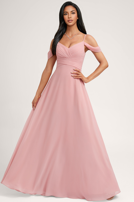 Robe Pastel Rose Décolleté Épaules Mousseline - gallery 1